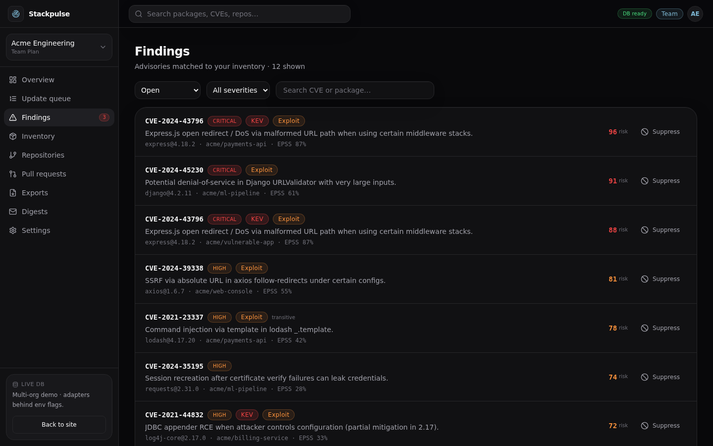 Findings list with KEV and public exploit badges