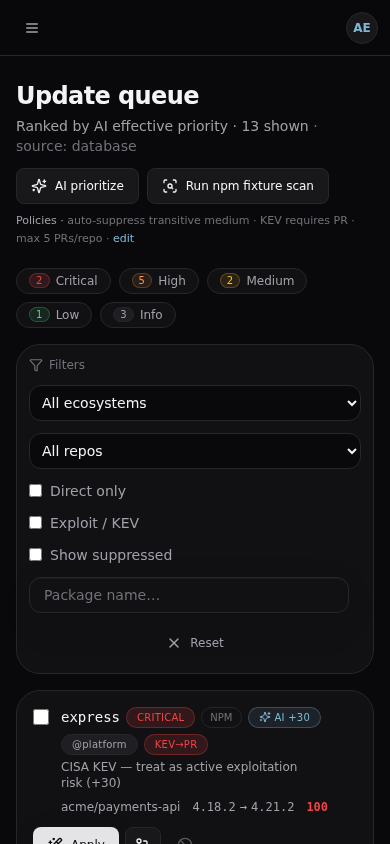 Perpensa update queue on a mobile viewport